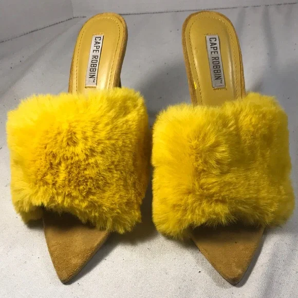 Cape Robbin Women’s Sexy Yellow Faux Fur and Suede 4 1/2 Inch Slip On Stilettos